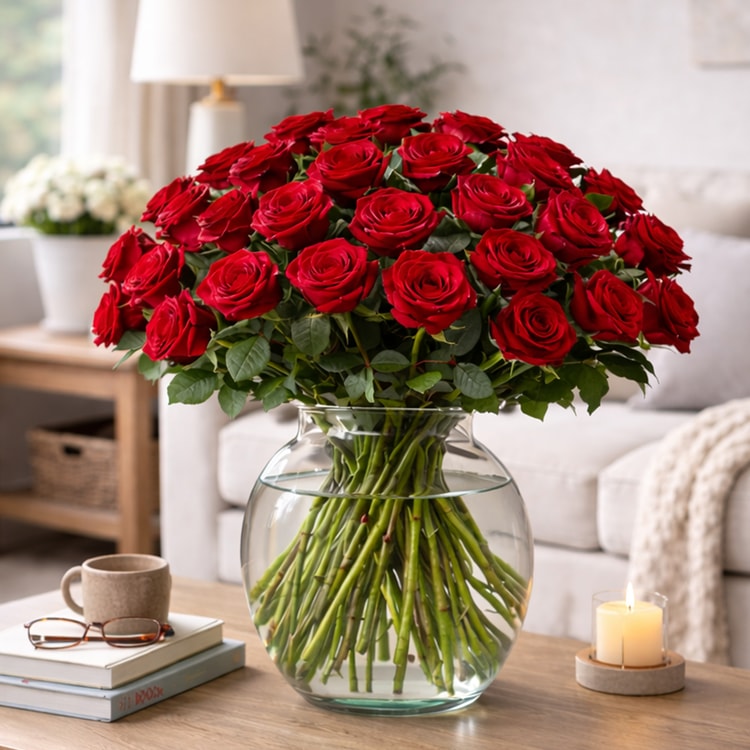 50 Premium Red Naomi Rozen Inclusief vaas  hover